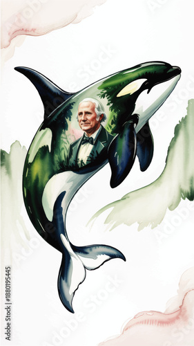 Surreal orca whale watercolor illustration with elderly man portrait inside, marine wildlife conservation art on light artistic background