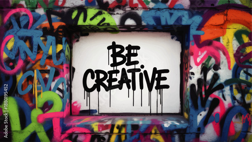 Be Creative graffiti text on colorful urban street art wall, inspirational dripping spray paint message in vibrant city window frame