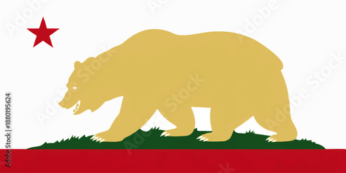 Minimalist California bear flag illustration with red star and gold grizzly silhouette on green grass and red stripe banner