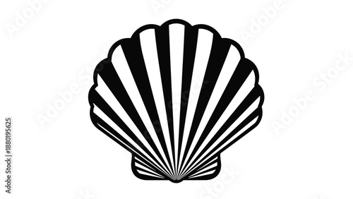 Detailed black and white vector illustration of scallop seashell isolated on white background for beach themed designs.