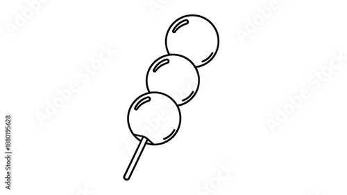 Traditional japanese dango dessert on wooden skewer in black and white line art style for coloring book or culinary projects.