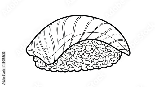 Hand drawn illustration of fresh salmon nigiri sushi piece with rice base and fish topping in black and white line style.