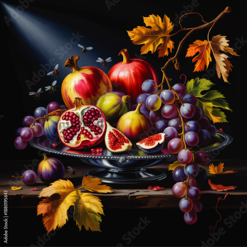 Dramatic still life of figs grapes and pomegranates on silver platter, autumn leaves and insects against dark background
