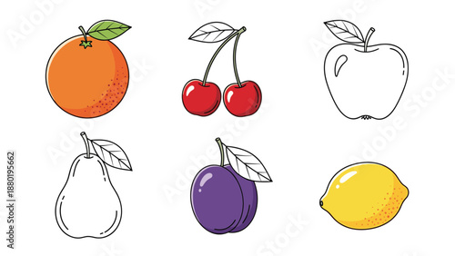 Collection of various fruits including orange, cherry, apple, pear, plum, and lemon in both colored and outline vector styles.
