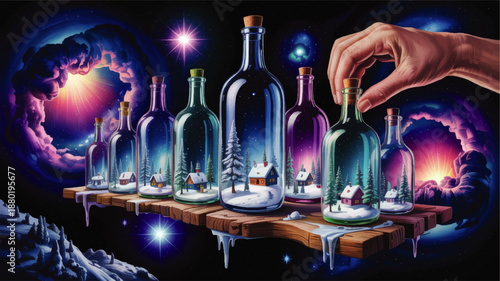 Surreal winter mini worlds in glass bottles on wooden shelf, cosmic galaxy night sky, fantasy hand created snow village landscape