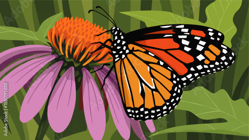 Monarch butterfly on purple coneflower illustration, vibrant orange wings, summer garden nature art, pollinator wildlife design