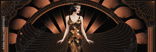 Elegant 1920s flapper woman in gold art deco dress on black geometric stage, vintage glamorous jazz age illustration banner