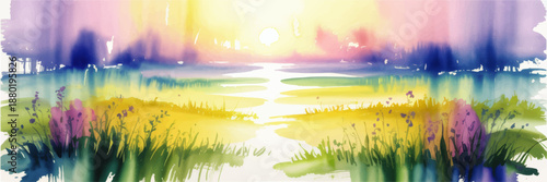 Vibrant watercolor sunrise landscape with wildflower meadow, river reflection and colorful abstract sky background illustration