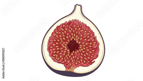 Detailed colored illustration of a halved purple fig showing the intricate red interior pulp and tiny seeds in a realistic style.
