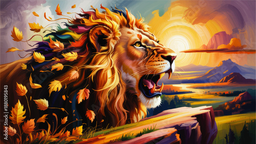 Majestic roaring lion on cliff at sunrise, colorful mane with autumn leaves, fantasy wildlife landscape digital art illustration