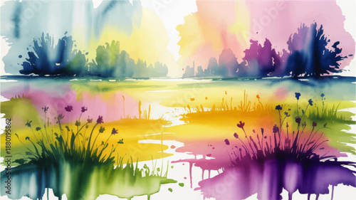 Vibrant watercolor landscape of colorful meadow with wildflowers, abstract sunrise sky and dreamy lake, artistic nature background