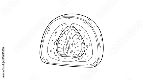 Detailed line art of a cross section through a japanese strawberry daifuku mochi showing the fruit center and sweet filling.