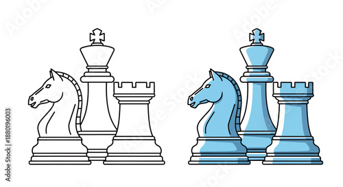 Illustration of classic chess pieces in white and blue colors.