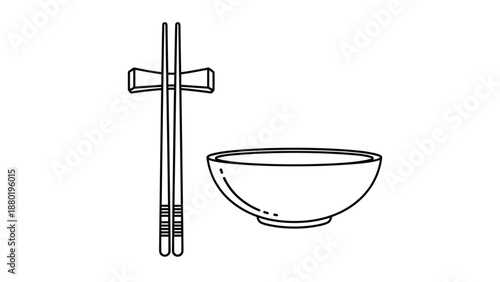 Simple line art graphic of a set of japanese chopsticks on a rest alongside an empty ceramic bowl for asian dining themes.