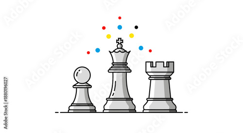 Illustration of chess pieces including pawn king and rook with colorful dots.
