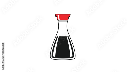Iconic kikkoman style soy sauce bottle with a red cap and dark liquid inside depicted as a clean vector graphic icon.