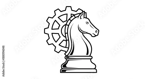 Black chess knight piece with gear wheel symbolizing strategic thinking and technology.