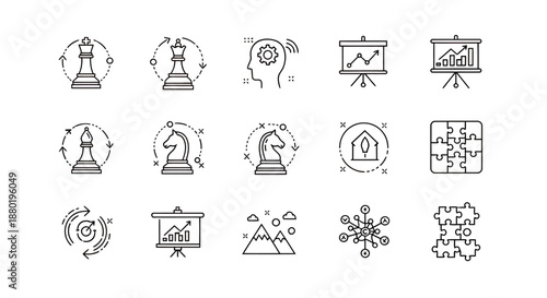 Set of black line icons representing business strategy and planning concepts.