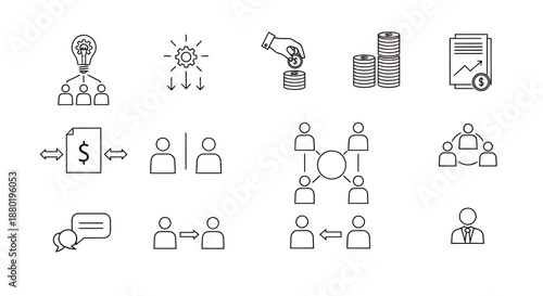 Set of simple black line icons representing business and communication concepts.