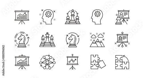 Set of business strategy and planning icons with chess pieces and charts.