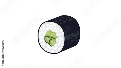 Appetizing colored vector illustration of a kappamaki cucumber sushi roll wrapped in dark green nori seaweed with rice.