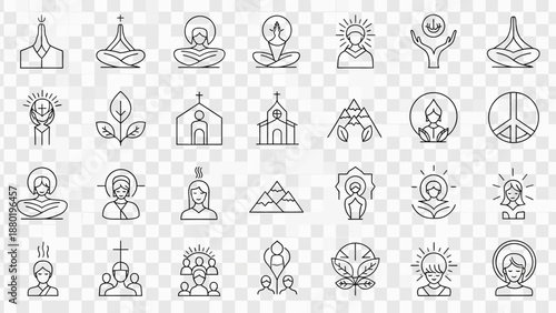 A comprehensive collection of line art icons representing various religious, spiritual, and peace symbols, including churches, meditating figures, and sacred geometry.