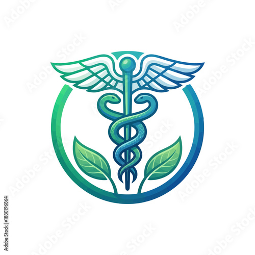 Medical Caduceus Symbol with Leaves Representing Health and Nature Graphic Illustration