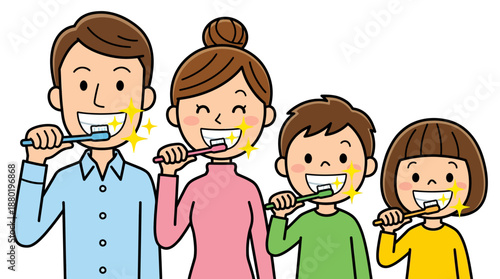 Family Brushing Teeth Together at Home, Happy Parents and Children, Daily Hygiene Routine, Illustration, Indoor Environment, Front View