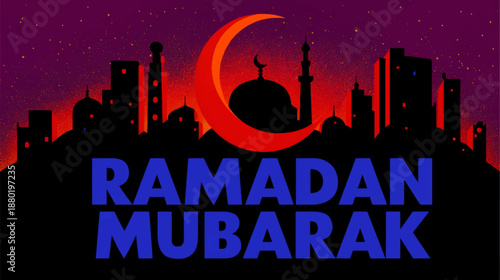 Vibrant words Ramadan Mubarak night vector illustration with crescent moon and mosque, ideal for bold banners, posters, and presentations