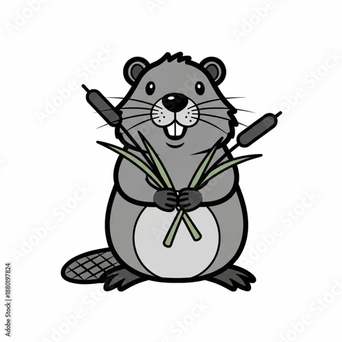 Cute Cartoon Beaver Holding Cattails Black and White Line Art Vector
