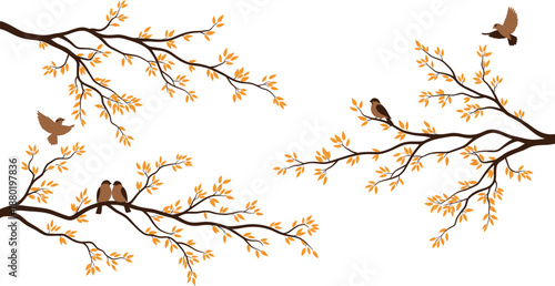 Hand-drawn autumn tree branches with yellow leaves and small birds in flight and perched vector illustration.