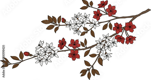 Hand-drawn cherry blossom tree branches vector illustration featuring vibrant red and white floral blooms.