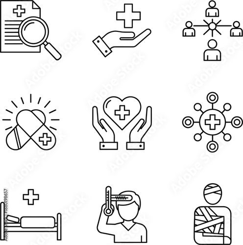 Medical line icon set featuring patient recovery injured person first aid search and hospital bed symbols for healthcare.