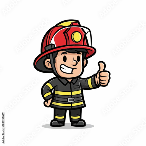 Cute Cartoon Firefighter Character Giving Thumbs Up Vector Illustration
