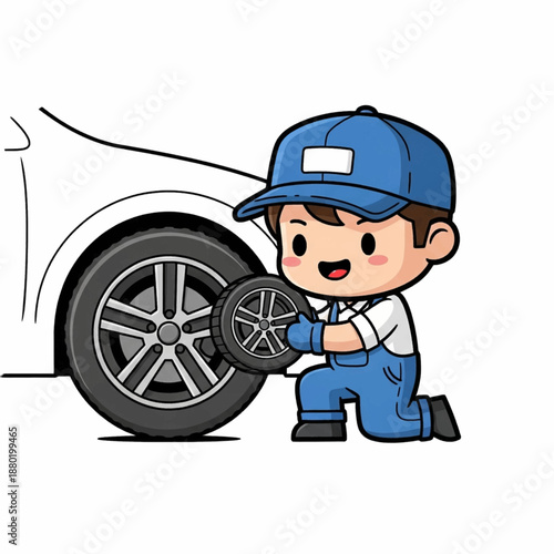 Adorable cartoon mechanic changing a car tire, automotive repair and service illustration.
