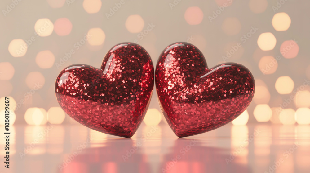 Obraz premium Two shiny red hearts on a sparkling background with bokeh lights