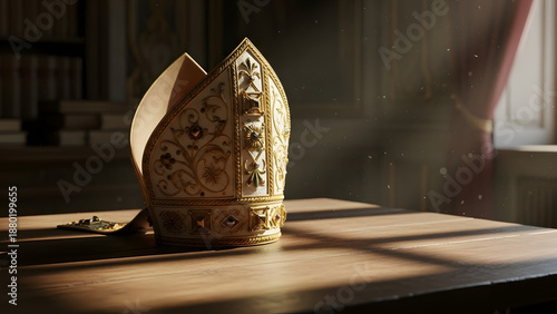 Ornate Golden Bishop's Mitre on a Wooden Table in a Dimly Lit, Traditional Room with Books
