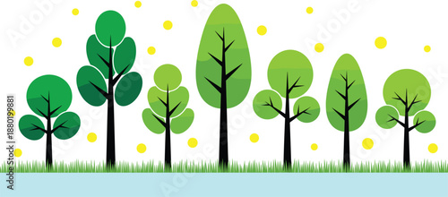 Modern flat design forest illustration with green trees and glowing yellow fireflies at twilight.