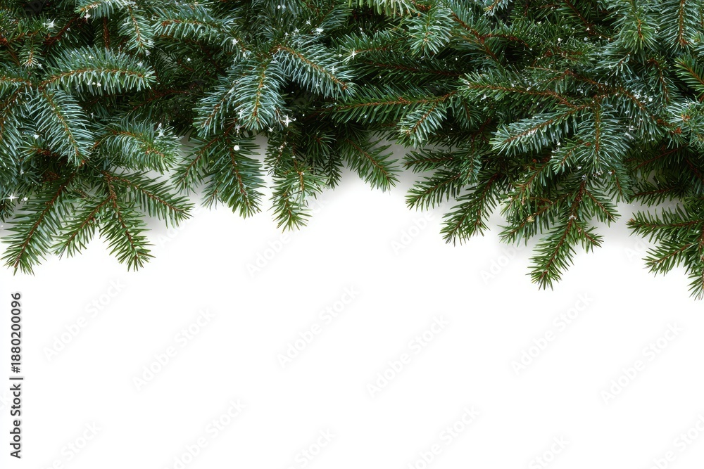 Obraz premium Close-up of lush evergreen fir branches with sparse snow against white