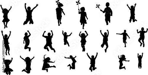 Set of happy children silhouettes playing, jumping, and running. Vector illustration of active kids isolated on background