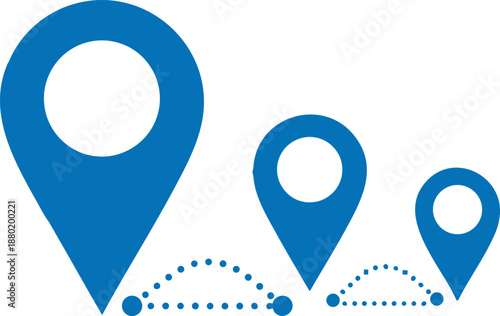 Three blue location pins with dotted path on white background navigation concept illustration