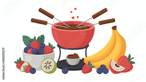 Chocolate Fondue Set with Fruits and Berries Vector for Romantic Valentine's Day Food Concepts