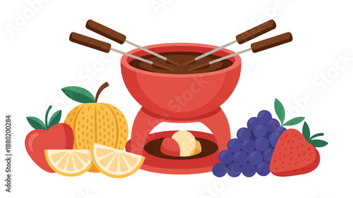 Romantic Valentine's Day Chocolate Fondue Set with Assorted Fruits and Berries Illustration