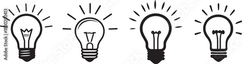 Minimal black lightbulb icon set with glowing rays showing different bulb shapes and outlines in flat vector style representing idea creativity innovation inspiration and problem solving 