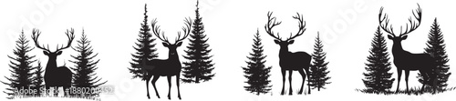 Deer wildlife silhouette collection with stag standing among pine trees in forest landscape, black nature vector illustration showing calm posture and strength