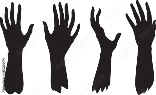 Black silhouette hands and arms raised in different gestures showing reach support and signal, minimal vector illustration with strong