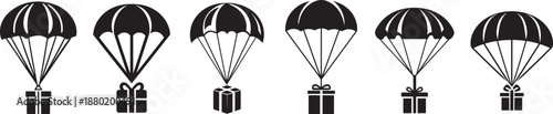Parachute delivery gift box icon set in black silhouette style showing multiple parachutes carrying presents arranged in a row, minimal flat vector illustration for logistics, surprise and celebration