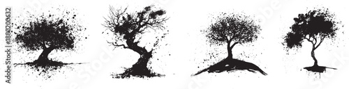 Black ink tree silhouettes with splatter and brush stroke style forming organic nature shapes, artistic vector illustration showing growth contrast balance and minimal abstract composition