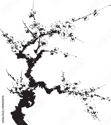 Hand drawn ink blossom branch with delicate flowers in minimalist oriental brush style vector illustration showing blooming tree branch with organic strokes expressing elegance harmony and nature