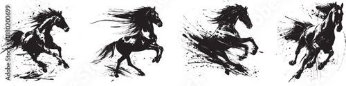 Black ink style galloping horse silhouettes in dynamic brush stroke vector illustration showing powerful running motion and flowing mane expressing freedom strength and wild energy 